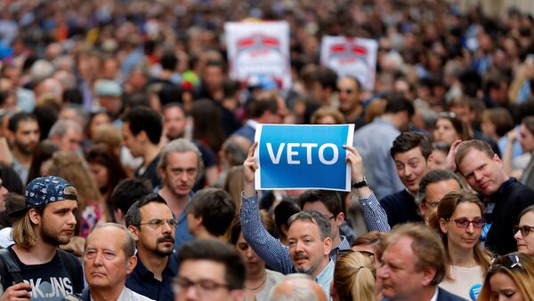 A demonstrator holds up a banner saying Veto during a rally against a new law passed by Hungarian parliament which could force the Soros-founded Central European University out of Hungary, in Budapest, Hungary, April 4, 2017. - Sputnik Moldova-România