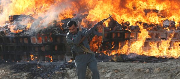 An Afghan officer reacts in front of a burning pile of seized narcotics and alcoholic drinks, in the outskirts of Kabul, Afghanistan - Sputnik Moldova-România