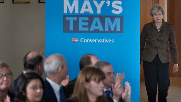 Britain's Prime Minister Theresa May arrives to address Conservative parliamentary candidates for London and the south east at the Dhamecha Lohana Centre in Harrow, north west London, May 8, 2017 - Sputnik Moldova-România