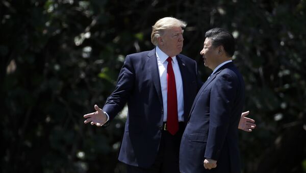 President Donald Trump gestures as he and Chinese President Xi Jinping walk together after their meetings at Mar-a-Lago in Palm Beach, Fla - Sputnik Moldova-România