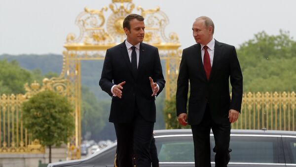 Russian President Vladimir Putin and French President Emmanuel Macron (left) meeting at the Grand Trianon of the Versailles Palace in Paris, May 29, 2017 - Sputnik Moldova-România