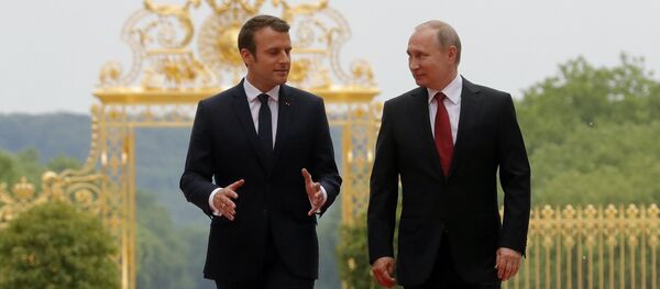 Russian President Vladimir Putin and French President Emmanuel Macron (left) meeting at the Grand Trianon of the Versailles Palace in Paris, May 29, 2017 - Sputnik Moldova-România