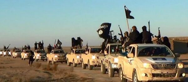 In this undated file photo released by a militant website, which has been verified and is consistent with other AP reporting, militants of the Islamic State group hold up their weapons and wave its flags on their vehicles in a convoy on a road leading to Iraq, while riding in Raqqa city in Syria - Sputnik Moldova
