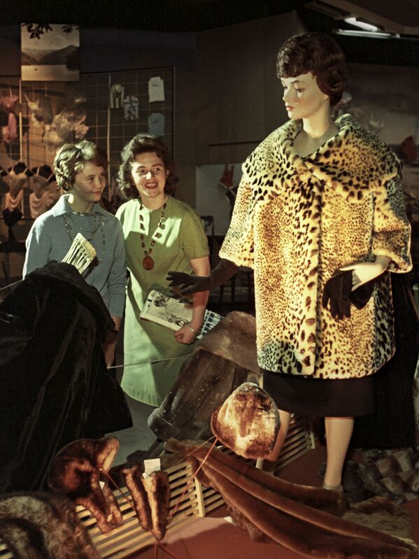 Fetele probează paltoane de blană. Expoziția producătorilor din Rusia. Moscova, 1962. - Sputnik Moldova