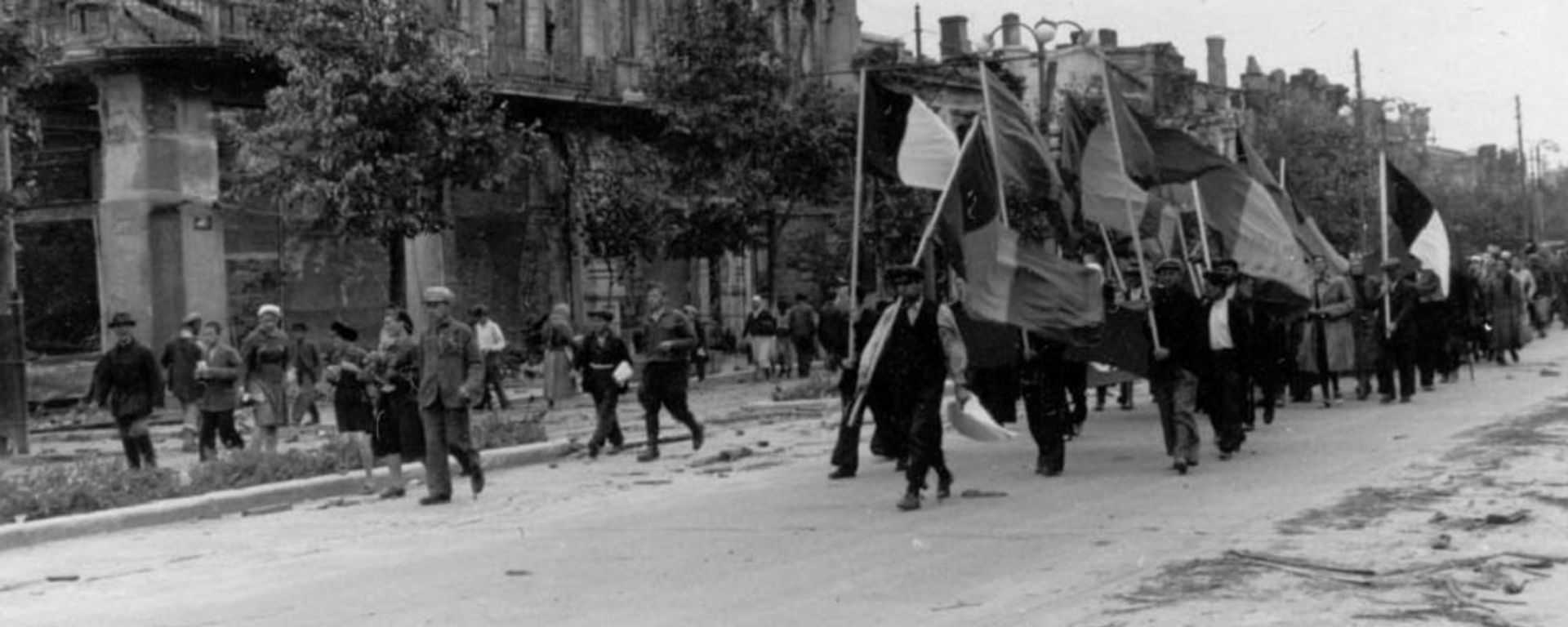 Шествие с триколорами, в задних рядах есть даже плакат со свастикой. Колонна движется по нынешнему бульвару Штефан чел Маре от нынешней улицы Влайку Пыркэлаб в сторону улицы Пушкина. Видны руины бывшей гостиницы Бристоль. - Sputnik Молдова, 1920, 17.07.2026