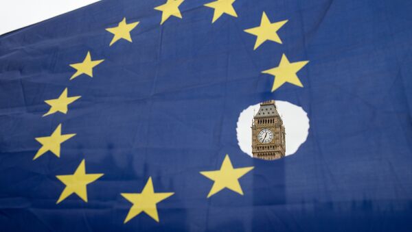 This file photo taken on March 29, 2017 shows a pro-remain protester holds up an EU flag with one of the stars symbolically cut out in front of the Houses of Parliament shortly after British Prime Minister Theresa May announced to the House of Commons that Article 50 had been triggered in London on March 29, 2017. - Sputnik Moldova-România