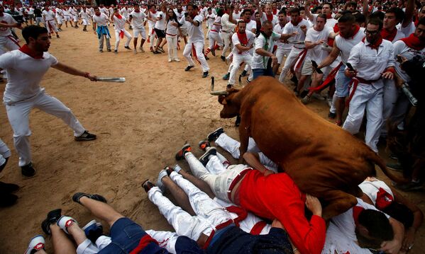 Дикий бык прыгает через зрителей в бычье кольцо после четвертого бега быков на фестивале Сан-Фермин в Памплоне, Испания - Sputnik Молдова