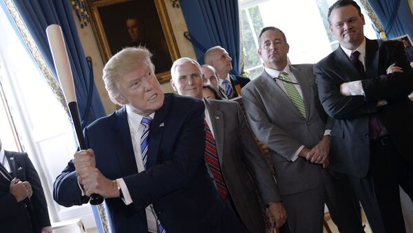 Президент США Дональд Трамп с бейсбольной битой в Белом доме в Вашингтоне - Sputnik Moldova-România