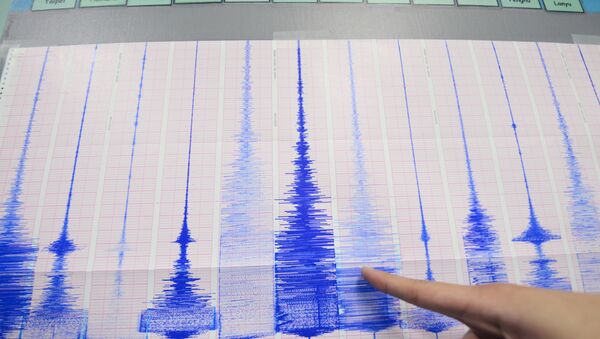 A staff member of the Seismology Center points to a chart showing the earthquake activity detected by the central Weather Bureau in Taipei on April 20, 2015 - Sputnik Moldova-România