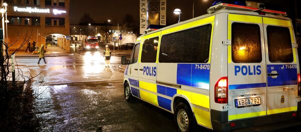 A police car is seen as several cars were set on fire during a riot, according to local media, in Rinkeby suburb, outside Stockholm, Sweden February 20, 2017. - Sputnik Moldova-România