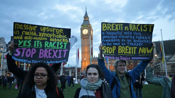 Protesters hold up anti-Brexit placards as they take part in a protest in support of an amendment to guarantee legal status of EU citizens, outside the Houses of Parliament in London on March 13, 2017 - Sputnik Moldova-România