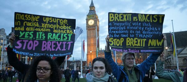 Protesters hold up anti-Brexit placards as they take part in a protest in support of an amendment to guarantee legal status of EU citizens, outside the Houses of Parliament in London on March 13, 2017 - Sputnik Moldova-România