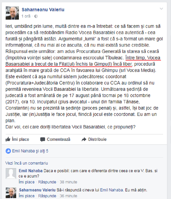 Postare pe pagina de facebook a lui Valeriu Saharneanu Postare pe pagina de facebook a lui Valeriu Saharneanu - Sputnik Moldova