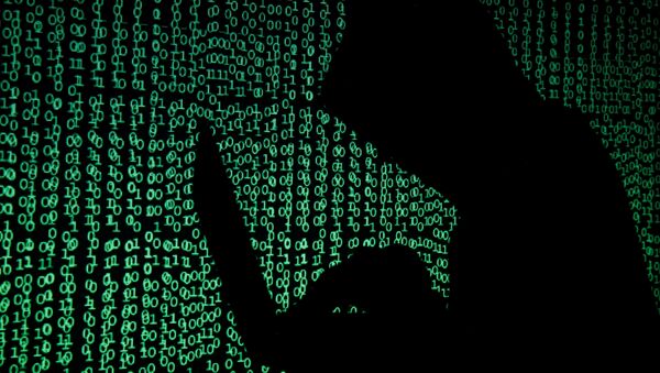 A hooded man holds a laptop computer as cyber code is projected on him in this illustration picture taken on May 13, 2017 - Sputnik Moldova