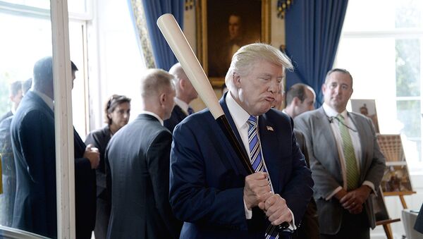 US President Donald Trump examines US-made products from all 50 states, including a Marucci baseball bat, in the Blue Room of the White House during a Made in America product showcase event in Washington, DC, on July 17, 2017. - Sputnik Moldova-România