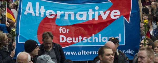 Supporters of the right-wing populist Alternative for Germany (AfD) party display an AfD banner during a demonstration by AfD supporters in Berlin on November 7, 2015 - Sputnik Moldova-România