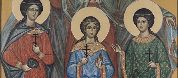 Репродукция иконы Святые мученицы Вера, Надежда, Любовь и матерь их София Репродукция иконы Святые мученицы Вера, Надежда, Любовь и матерь их София - Sputnik Молдова
