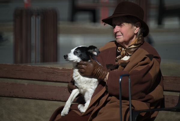 Бабушка на скамейке с собакой на руках Бабушка на скамейке с собакой на руках - Sputnik Молдова