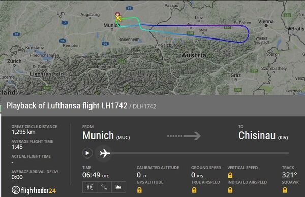 Itinerarul cursei Lufthansa LH1472 din 24 octombrie 2017, captură ecran Itinerarul cursei Lufthansa LH1472 din 24 octombrie 2017, captură ecran - Sputnik Moldova-România