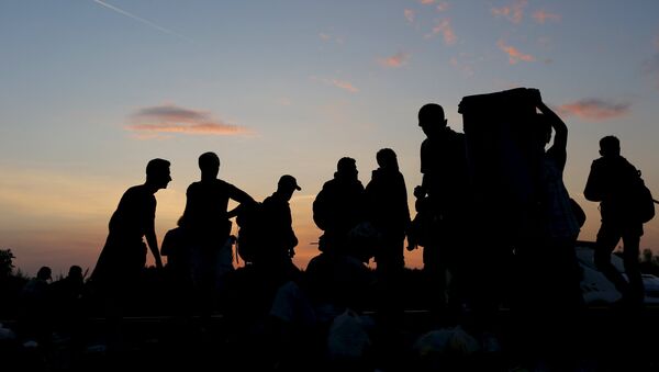 Syrian migrants walk in the sunset after they crossed the Hungarian-Serbian border near Roszke, Hungary August 25, 2015. - Sputnik Moldova-România