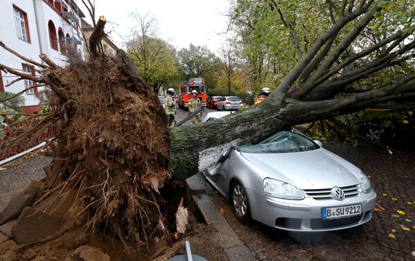 Berlin, Germania: un grup de pompieri lângă un arbore căzut peste un automobil în urma uraganului „Hervart” - Sputnik Moldova