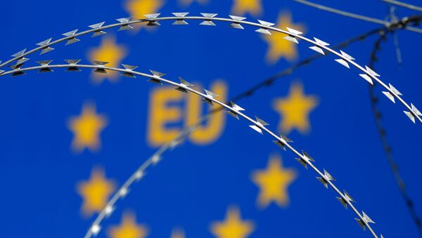 Razor wire is seen in front of an EU sign during a protest against barbed wire fences along the border crossing between Slovenia and Croatia in Brezovica pri Gradinu, Slovenia - Sputnik Moldova
