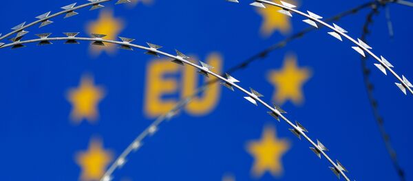 Razor wire is seen in front of an EU sign during a protest against barbed wire fences along the border crossing between Slovenia and Croatia in Brezovica pri Gradinu, Slovenia - Sputnik Moldova-România