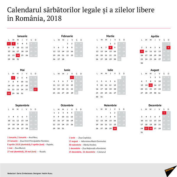 Calendarul sărbătorilor legale și a zilelor libere în România, 2018 Calendarul sărbătorilor legale și a zilelor libere în România, 2018 - Sputnik Moldova-România
