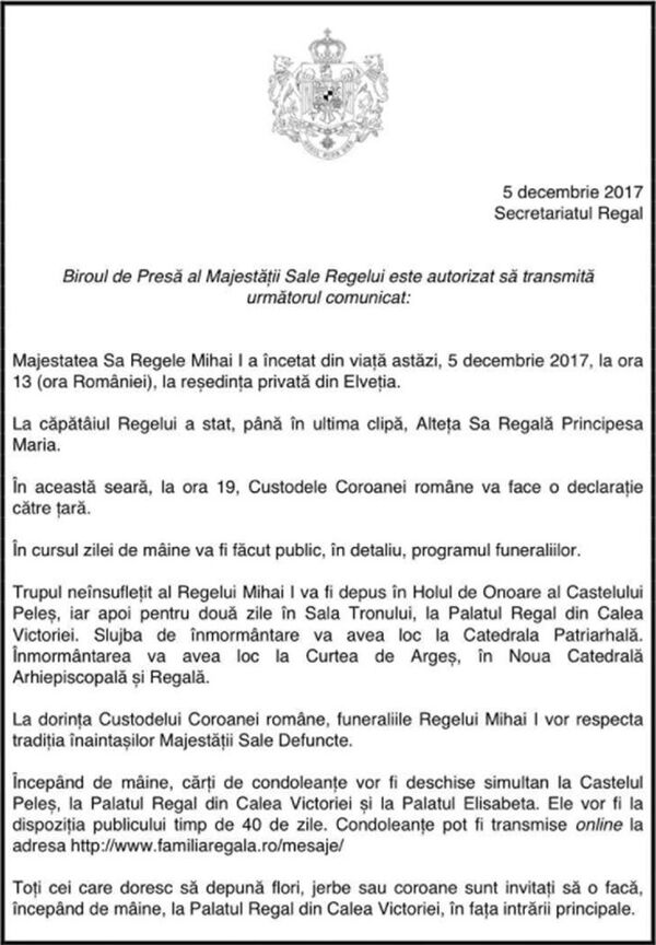 Majestatea Sa Regele a încetat din viață Majestatea Sa Regele a încetat din viață - Sputnik Moldova-România