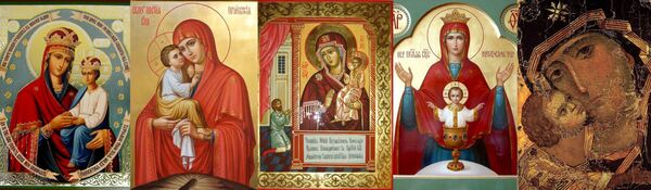 Иконы (слева направо): Споручница грешных, Почаевская, Нечаянная радость, Неупиваемая чаша, Владимирская Иконы (слева направо): Споручница грешных, Почаевская, Нечаянная радость, Неупиваемая чаша, Владимирская - Sputnik Молдова