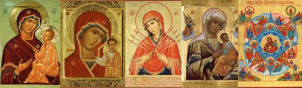 Иконы (слева направо): Тихвинская, Казанская, Умягчение злых сердец (Семистрельная), ''Страстная', Неопалимая купина Иконы (слева направо): Тихвинская, Казанская, Умягчение злых сердец (Семистрельная), ''Страстная', Неопалимая купина - Sputnik Молдова