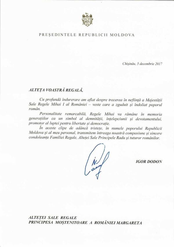 Scrisoarea Președintelui Republicii Moldova Scrisoarea Președintelui Republicii Moldova - Sputnik Moldova-România