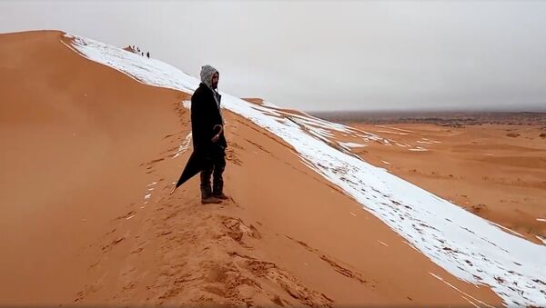 Человек смотрит на выпавший снег в пустыне Сахара - Sputnik Молдова