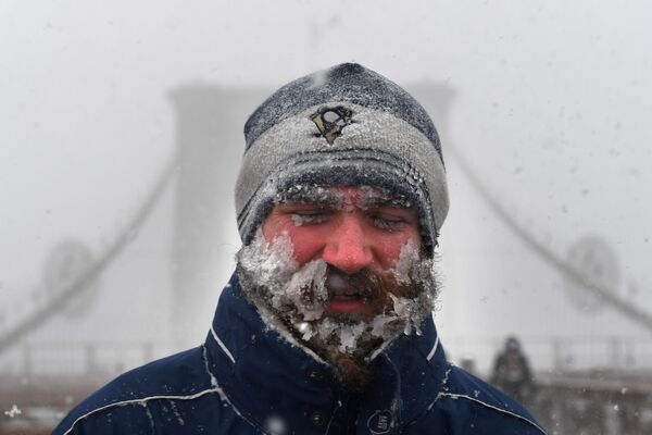 Un pieton pe podul Brooklyn în timpul furtunii de zăpadă Grayson, New York, SUA - Sputnik Moldova