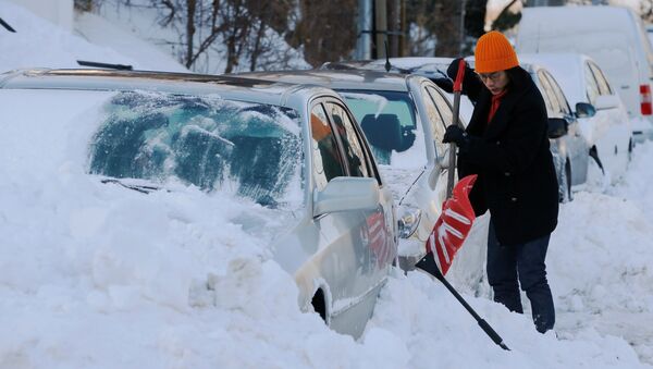 Женщина очищает свою машину от снега - Sputnik Молдова