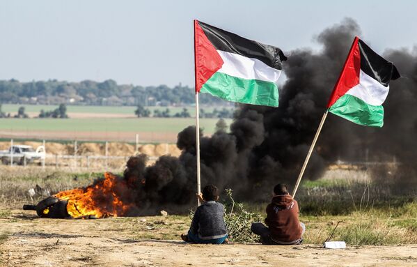 Палестинские демонстранты размахивают национальным флагом у границы между Израилем и Сектором Газа - Sputnik Молдова