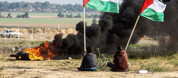 Палестинские демонстранты размахивают национальным флагом у границы между Израилем и Сектором Газа Палестинские демонстранты размахивают национальным флагом у границы между Израилем и Сектором Газа - Sputnik Moldova-România