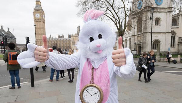 Человек в костюме Белого Кролика - персонажа Алисы в стране Чудес Л. Кэролла - у здания Парламента в Лондоне во время акции протеста против выхода Великобритании из ЕС - Sputnik Молдова