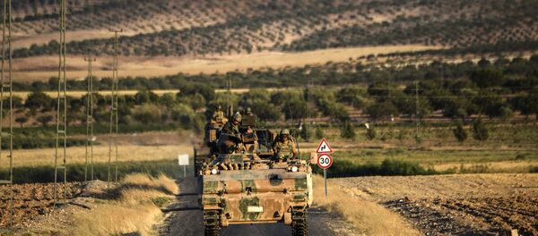 Turkish soldiers stand in a Turkish army tank driving back to Turkey from the Syrian-Turkish border town of Jarabulus on September in the Turkish-Syrian border town of Karkamis. (File) - Sputnik Moldova-România