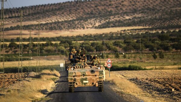 Turkish soldiers stand in a Turkish army tank driving back to Turkey from the Syrian-Turkish border town of Jarabulus on September in the Turkish-Syrian border town of Karkamis. (File) - Sputnik Moldova-România