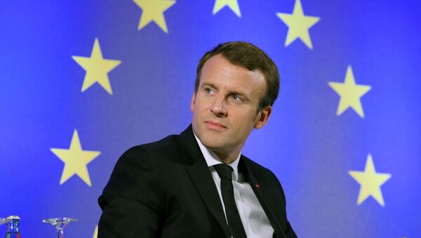 French President Emmanuel Macron looks on as he sits in front of a flag of the European Union during an open debate on Europe on October 10, 2017 at the Goethe University in Frankfurt am Main, western Germany - Sputnik Moldova-România