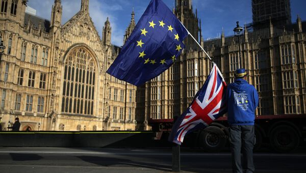 A pro-European Union,(EU), anti-Brexit demonstrator holds the EU and UK flags outside the Houses of Parliament, in central London on January 22, 2018 - Sputnik Moldova-România