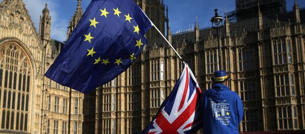 A pro-European Union,(EU), anti-Brexit demonstrator holds the EU and UK flags outside the Houses of Parliament, in central London on January 22, 2018 - Sputnik Moldova-România