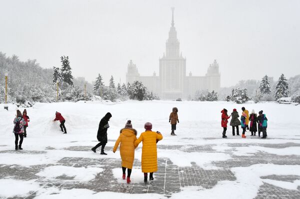 Туристы на Аллее ученых возле смотровой площадки Воробьевых гор во время снегопада - Sputnik Молдова