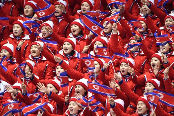 Северокорейские болельщики наблюдают за выступлениями фигуристов в короткой программе парного катания на соревнованиях по фигурному катанию на XXIII зимних Олимпийских играх - Sputnik Молдова
