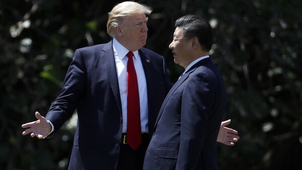 President Donald Trump gestures as he and Chinese President Xi Jinping walk together after their meetings at Mar-a-Lago in Palm Beach, Fla - Sputnik Moldova-România
