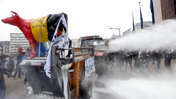 Фермеры распылили сухое молоко перед зданием Совета ЕС в Брюсселе - Sputnik Молдова