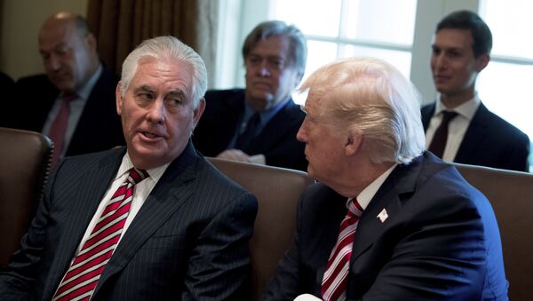 Secretary of State Rex Tillerson speaks with President Donald Trump during a Cabinet meeting, Monday, June 12, 2017, in the Cabinet Room of the White House - Sputnik Moldova-România
