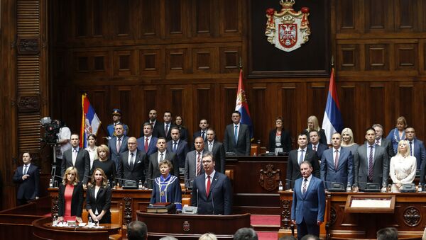 Serbia's newly re-elected President Aleksandar Vucic takes oath for a new term of office during an inauguration ceremony, in Belgrade, Serbia - Sputnik Moldova-România