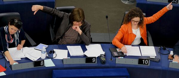 Members of the European Parliament take part in a voting session in Strasbourg, France, April 14, 2016. MEPs voted on thursday on the EU Passenger Name Record (PNR) Directive, which would oblige airlines to hand EU countries their passengers' data in order to help the authorities to fight terrorism and serious crimes - Sputnik Moldova-România